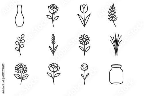 Daisy jar eucalyptus tulip icon floral fern hydrangea rose vector grid bunch