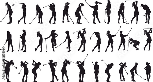 Female Golfers Silhouette Collection with Various Swing Poses