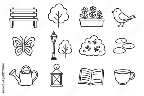 Set bed butterfly flower path watering stone vector can park icon tree