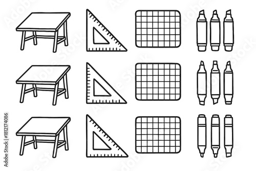 Outline artistic line mat markers ruler art icon desk table vector cutting