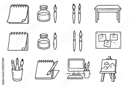 Workspace desk bottle ink art brushes creative artistic vector sketchpad outline icon