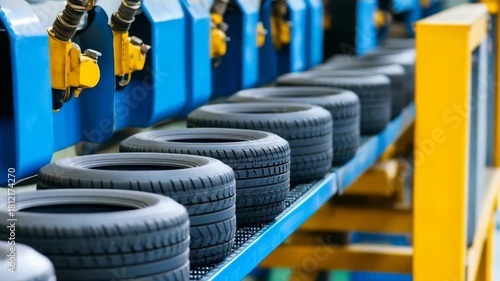 Production line showing new tires ready for quality inspection at a manufacturing facility