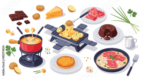 Delicious Swiss Cuisine: Fondue, Raclette, and Zürcher Geschnetzeltes with Chocolate Lava Cake and Fresh Herbs for an Indulgent Alpine Feast