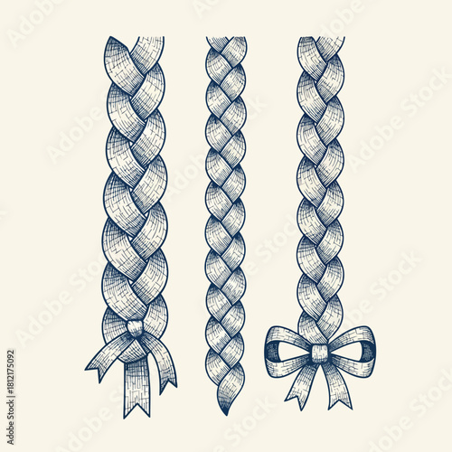 Three Decorative Braided Plaits With Bows Illustration.