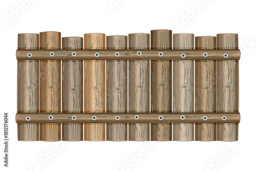 Wooden fence on white background. Brown wooden picket fence with featuring natural wood texture and vertical planks connected by two horizontal rails.Garden, house or rural setting.Vector illustration