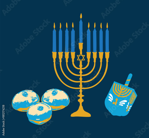 Hanukkah Menorah with Dreidel and Sufganiyot Illustration