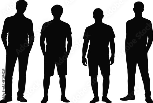 Standing figure silhouettes, casual posture, black vector icon, body shape, shorts, pants, anonymous people, outline, design, minimal