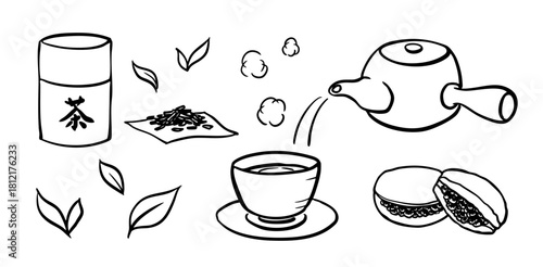 煎茶セット Japanese Tea Time Line Art Set/Seccha Tea Leaves Dorayaki