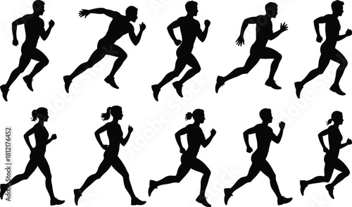Running silhouettes, male and female athletes, stride poses, black vector, motion sketch, sports design, fitness icon, dynamic form