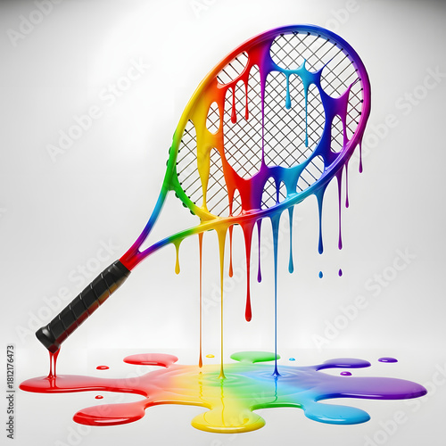Tennis racket covered in rainbow paint dripping onto white surface artistic shot