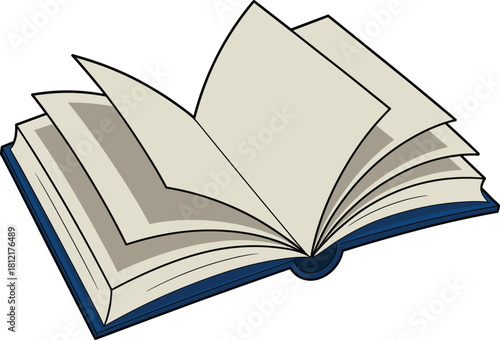 Open book illustration, turning pages, reading symbol, education icon, literature vector, knowledge design, dark blue cover, study