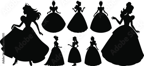 Princess silhouettes, ball gown poses, elegant female figures, royal fashion icons, crown, hairstyle, dress design, graceful, stylized, vector art