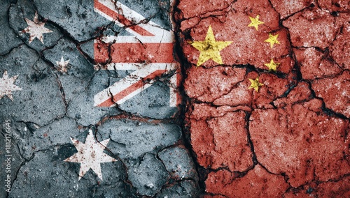 Symbolic depiction of fractured relations, featuring flags on cracked surfaces