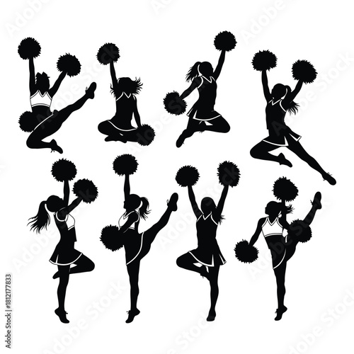 Collection of cheerleader silhouettes performing various energetic dance moves with pom poms, isolated on