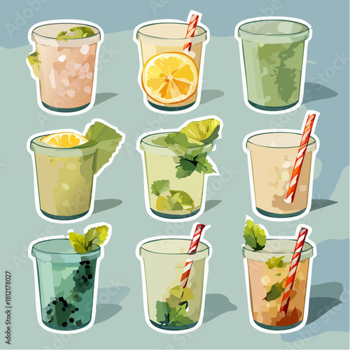 A vibrant illustrated collection of various refreshing summer drinks, including lemonade, mojitos, and iced tea, presented as a sticker set