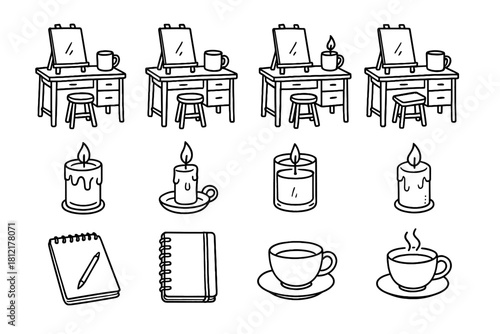 Cozy vector creative outline candle tea setup art desk icons cup sketchbook