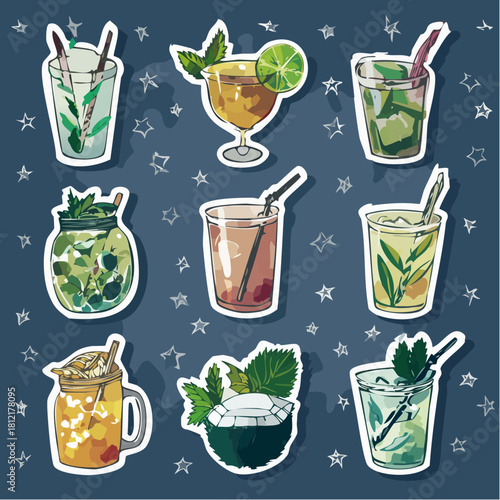 A vibrant sticker set of various hand-drawn summer cocktails and refreshing drinks with mint and lime