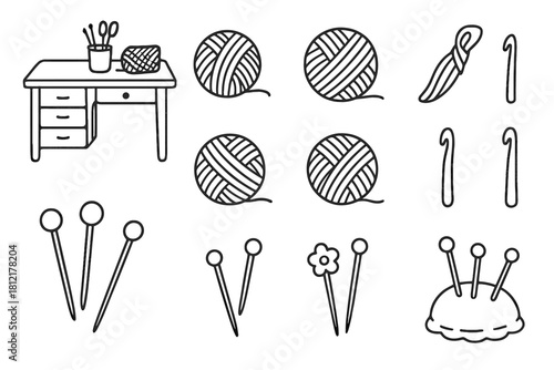 Hook ball icon yarn craft drawing ink table pins creative vector outlines