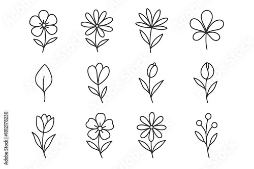 Icon flower buds line petals floral abstract collection stems sketch vector outlines