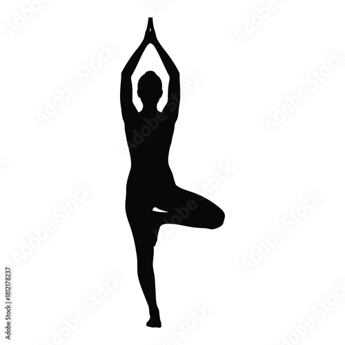 Silhouette of a woman practicing tree pose in yoga, isolated on