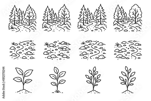 Collection saplings vector stones rough drawing path icons icon forest peaceful woods