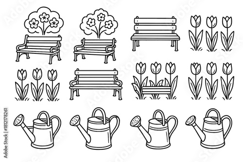 Spring icon garden watering bloom tulips vector setting line can icons bench