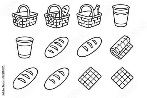 Bread sketch napkin roll icon weekend cup grid vector picnic theme
