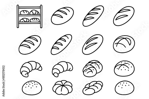 Croissants breads buns grid rough vector bakery outline shelf arrangement icon