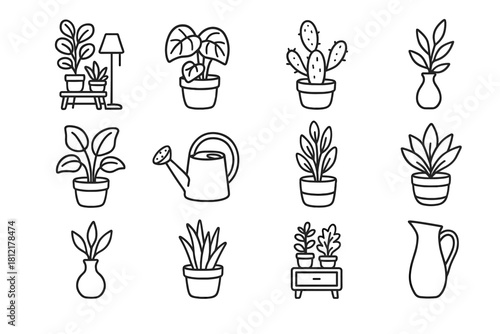 Watering decor leaf icons cozy vase plant vector icon corner jug pots