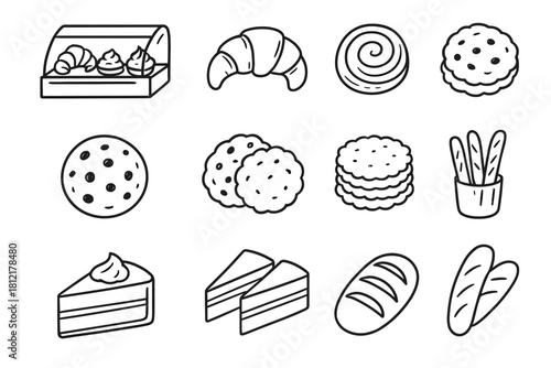 Pastry slices icons bakery set cake icon counter vector breadsticks grid sweet