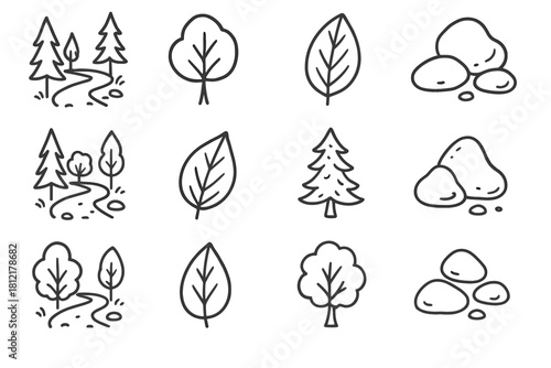 Nature vector pencil icons drawing stones trees forest path trail leaves walk