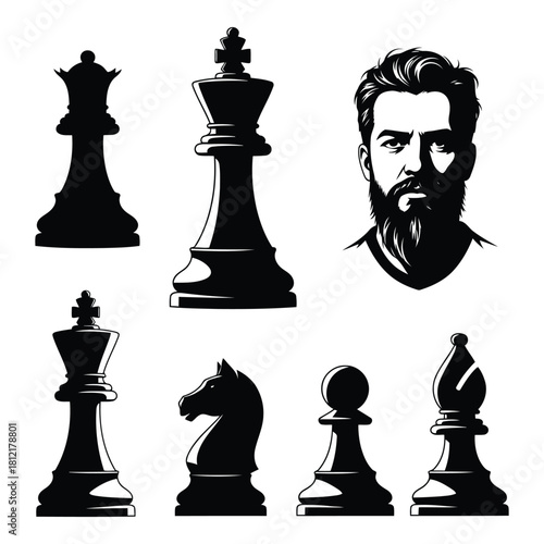 Black and white set of chess piece icon and a portrait of a bearded man isolated on