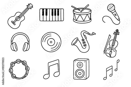Vector saxophone drum icon music microphone headphones violin speaker lineart keyboard