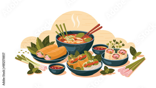 Exquisite Vietnamese Cuisine: A Delightful Arrangement of Spring Rolls, Pho Soup, and Fresh Herbs in Artistic Illustration, Emphasizing Flavor and Tradition