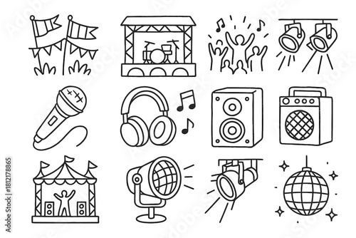 Vector music ink artistic icon festival stage icons lights doodle microphone