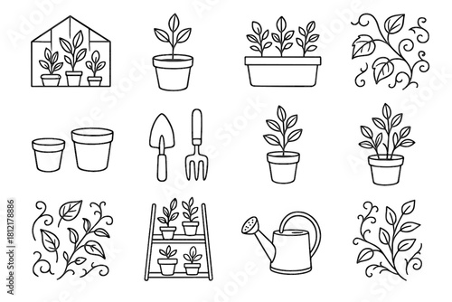 Composition rough garden botanical vines greenhouse pots vector set tools icon grid