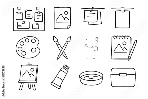 Artistic icon setup board mood workspace vector icons notes tools paper art