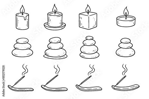 Meditation pencil relaxing icon set rock incense rough setup vector candle