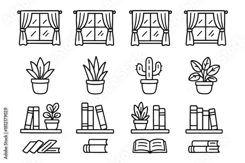 Cozy curtains interior window icons drawing view plant icon books set vector