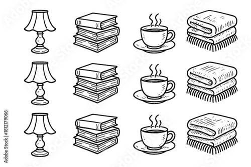 Interior icon cozy book blanket cup vintage vector stack icons wool lamp