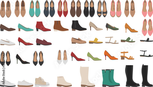 Footwear collection, shoe styles, fashion icons, sneakers, boots, sandals, high heels, dress shoes, colorful, trendy, casual, elegant, design