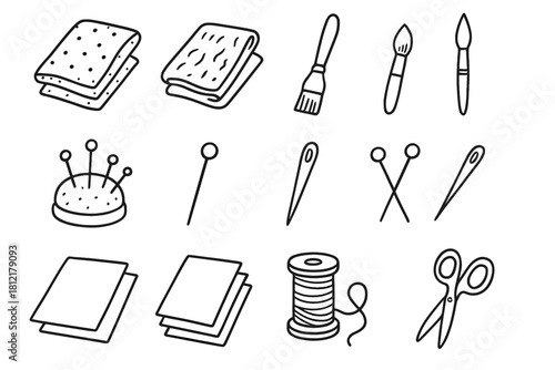 Diy creative vector doodle icons supplies desk craft pins fabric icon brush