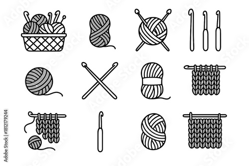 Filled icons collection hooks vector knitting icon set doodle skeins yarn basket