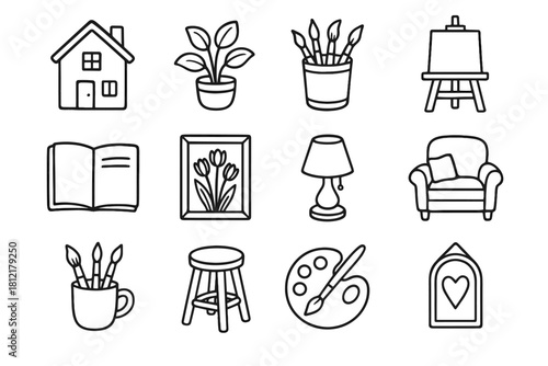Open corner easel icons notebook icon home cozy vector brushes art