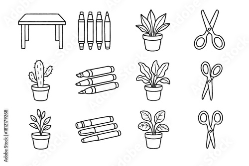Set markers home scissors doodle icon vector worktable plants sketch icons clean