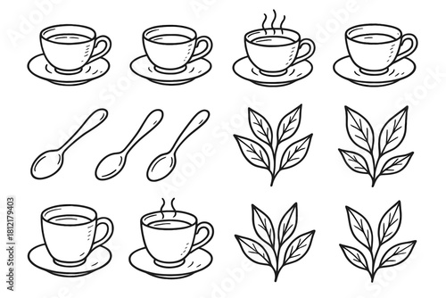 Teacup sketch art sprigs tea collection teaspoon leaf icons icon life still