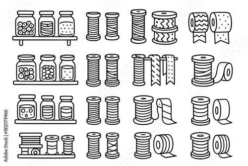 Vector drawing shelf collection line craft jars spools room ribbons icons icon