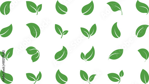 Green leaf icons, stylized foliage, vein patterns, eco design, nature vector, botanical sketch, sustainability symbol, plant grid