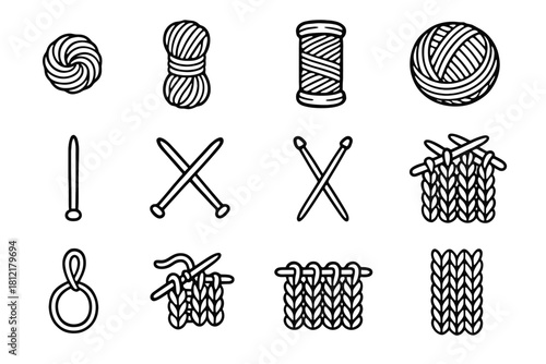 Texture knit icon coiled set needles study thick knitting loop wool vector