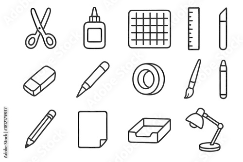 Glue collection mat pencil eraser lamp icon scissors ruler craft vector